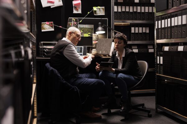 criminology-coworkers-analyzing-confidential-crime-evidenc